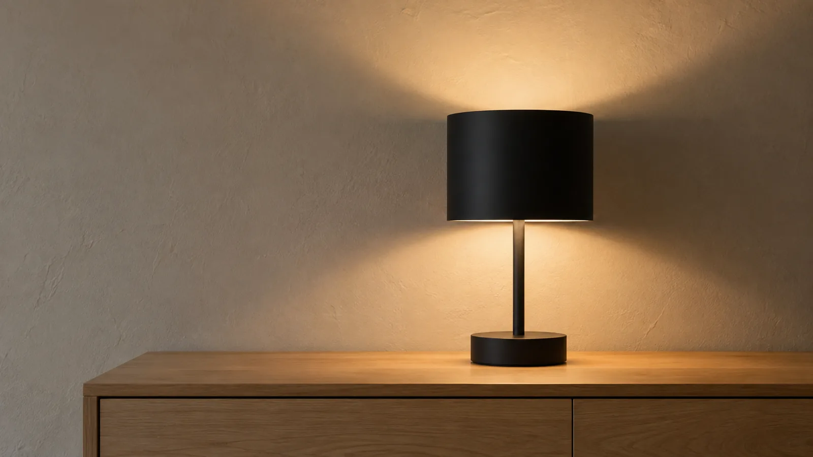 Bordslampa i matt svart metall på en ekbyrå, med två tydliga ljuskoner upp mot väggen och ned mot bordet