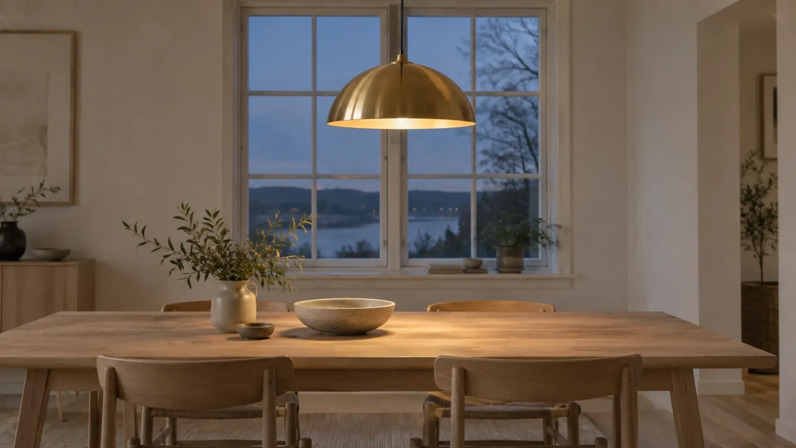 Mässingspendel som hänger över ett ekbord och fångar det varma ljuset i skymning