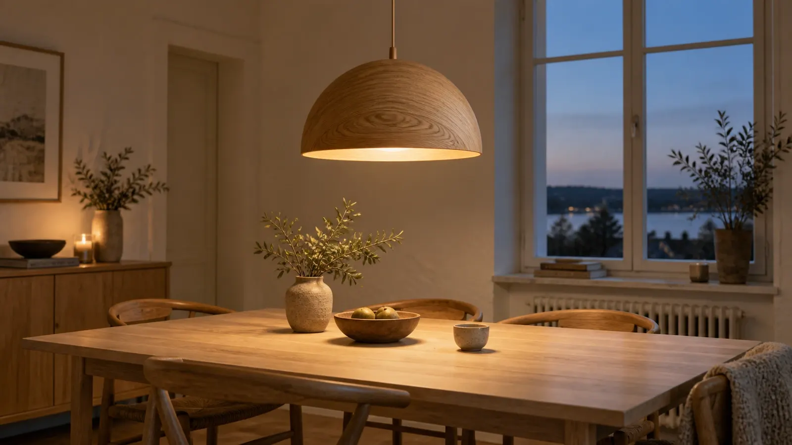 Träpendel med synlig ådring som hänger över ett ljust matbord