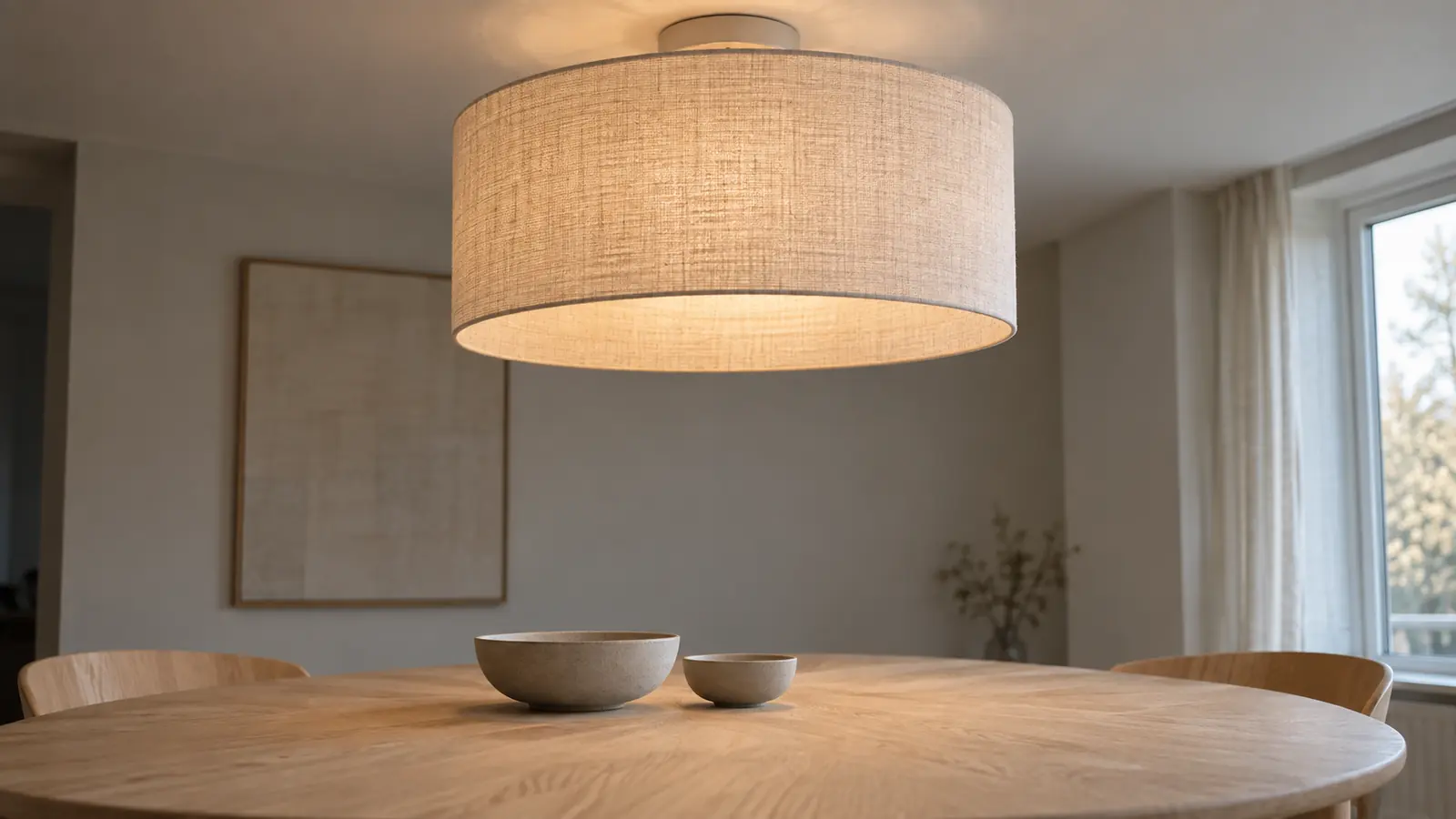 Taklampa med rund kupa i off-white linne över ett matbord i ek