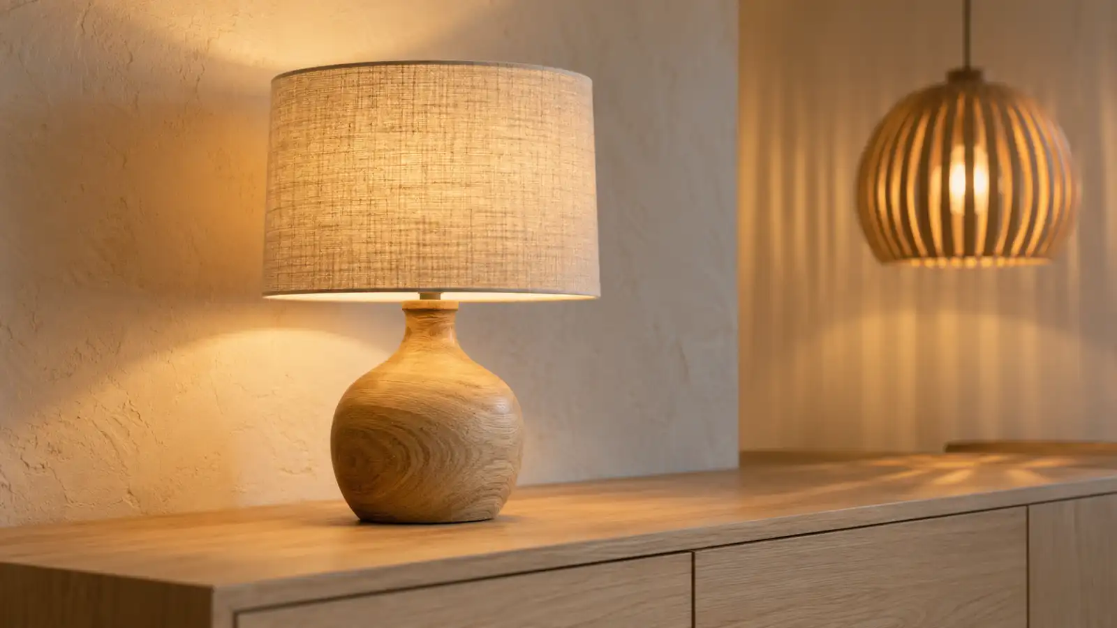 Bordslampa med svarvad ekfot och linneskärm på en ekbyrå, med en pendel av böjda träribbor suddig i bakgrunden