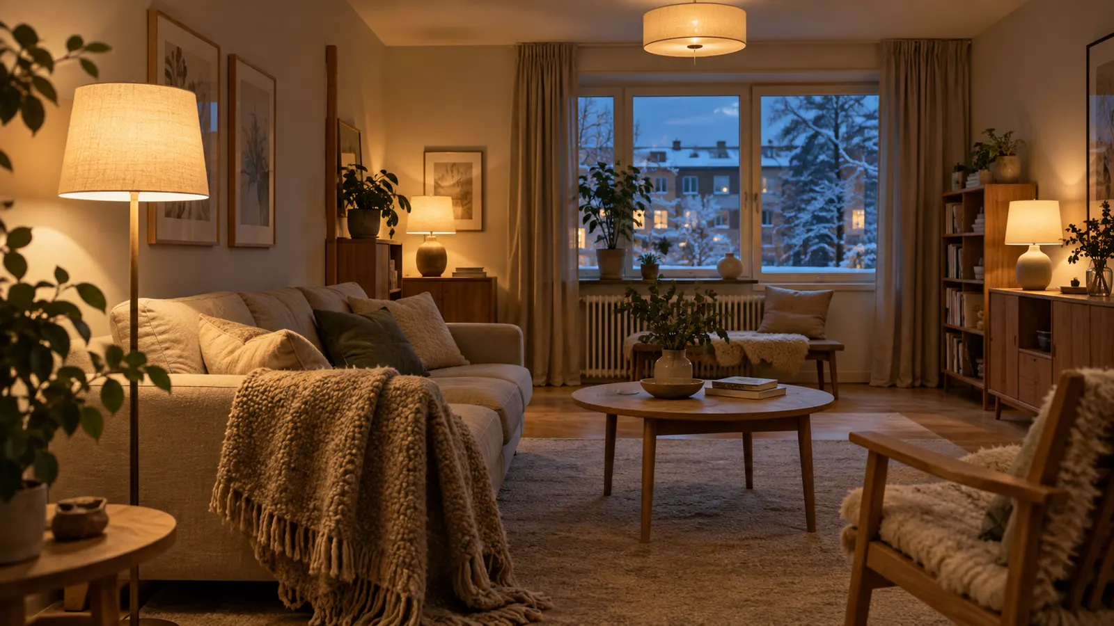 Vardagsrum på vinterkväll med golvlampa, bordslampor och dämpad taklampa