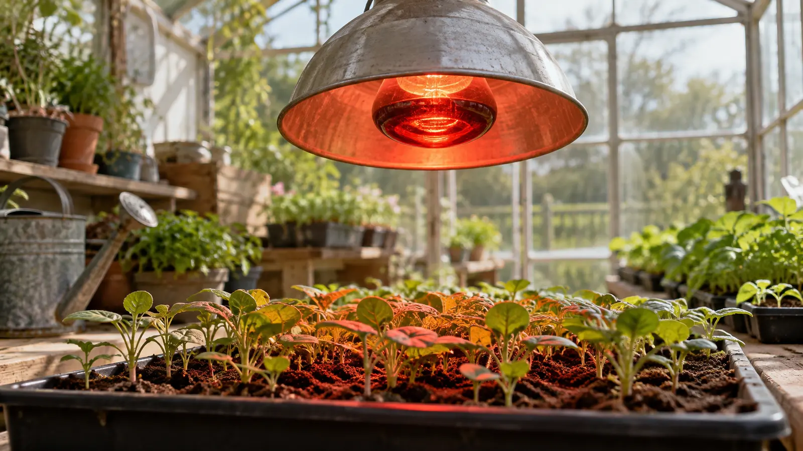 Infraröd värmelampa med rödglödande lampa i metallreflektor ovanför en bricka med småplantor