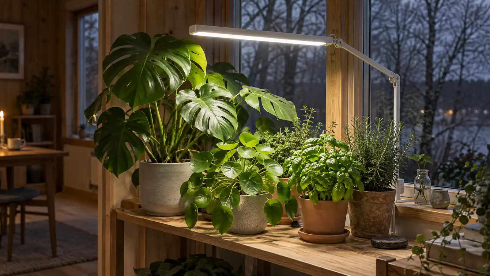 Krukväxter under en växtlampa i ett fönster under mörk årstid