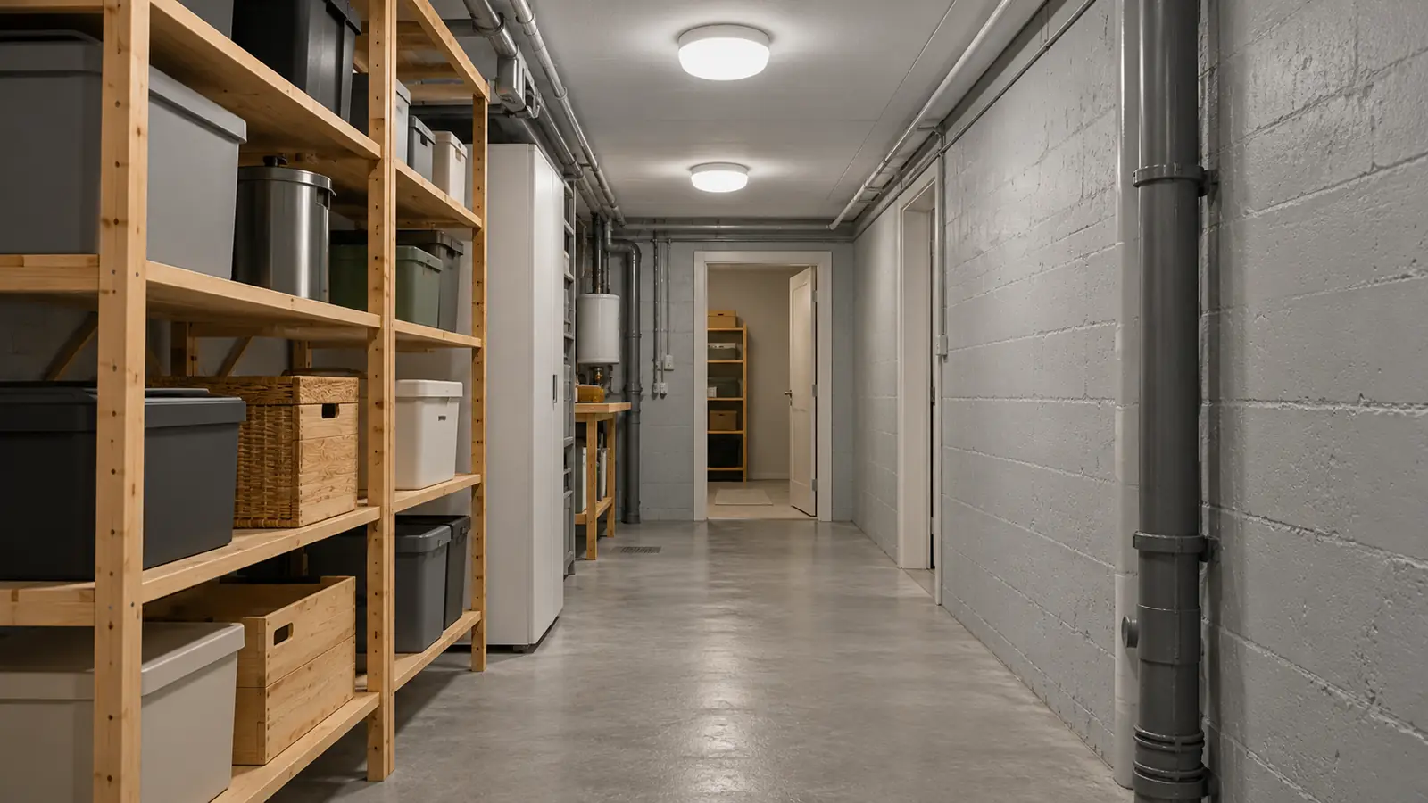 Källargång med jämnt vitt ljus från två runda takarmaturer