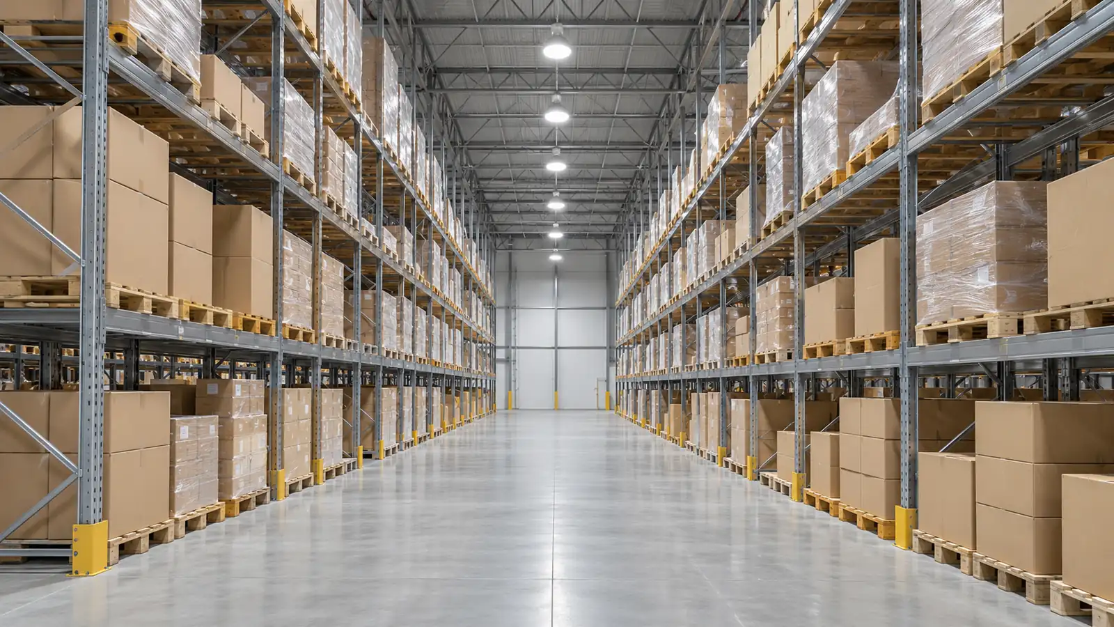 Lagerhall med högt tak där äldre urladdningsarmaturer ersatts med LED-high bay